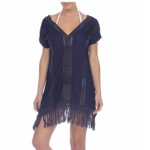 BOHO ME Crochet Fringe Shirt Dress - Navy